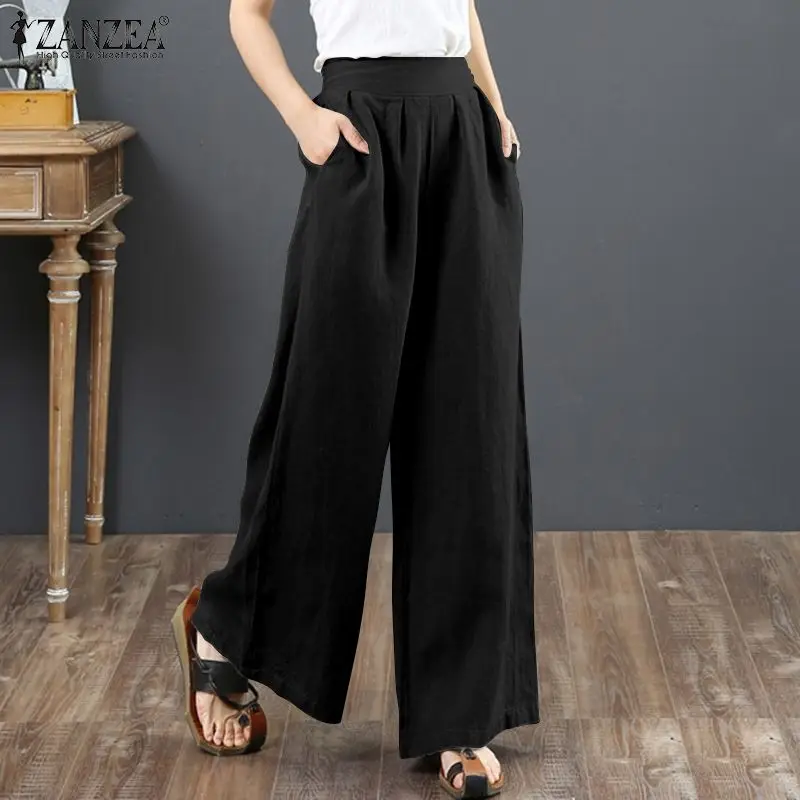 

Women Casual Wide Leg Holiday Pantalon Palazzo Autumn Cotton Long Trousers ZANZEA Elegant Elastic Waist Pants Office OL Culottes