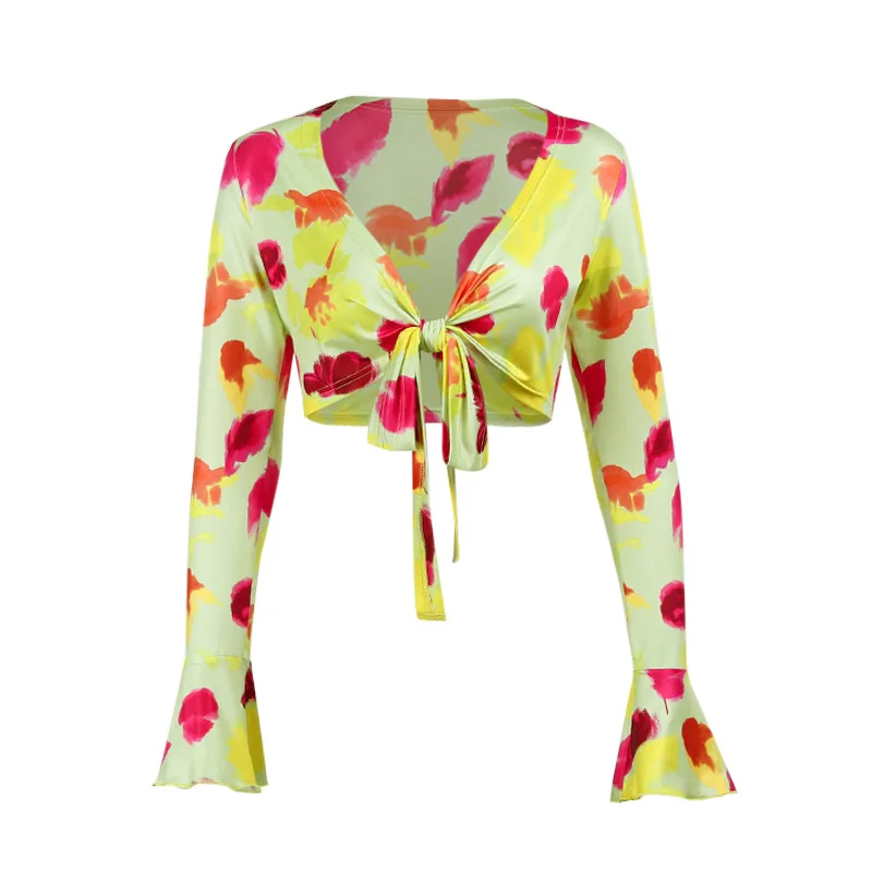 

InstaHot Floral Printed Splicing TShirt Flare Sleeve Crop Top Lace Up Sexy Casual V Neck Streetwear Vintage Lady Elegant Tee Top