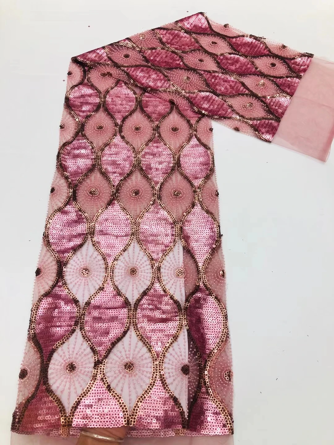 

New fashion style 5yards beaded net tulle lace fabric good quality mesh lace fabric with beads tube for wedding XL3181