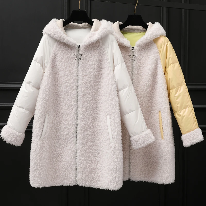 Real Fur Coat Female Winter Sheep White Duck Down Jacket Women Korean Long Shearing Coats Vintage Wool Tops 6830 | Женская одежда