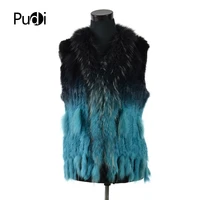 vr001 17 free shipping womens natural real rabbit fur vest with raccoon fur collar waistcoatjackets rex rabbit knitted
