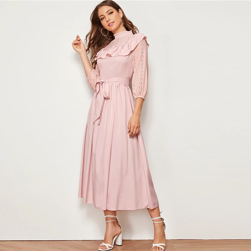 SHEIN женское платье с декоративной оборкой и поясом, весенне-осеннее длинное платье, приталенное и расклешенное ТРАПЕЦИЕВИДНОЕ элегантное платье в стиле ампир