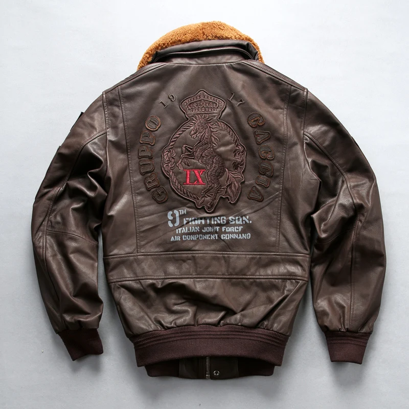 2020 Черная Мужская итальянская Военная кожаная куртка с шерстяным воротником