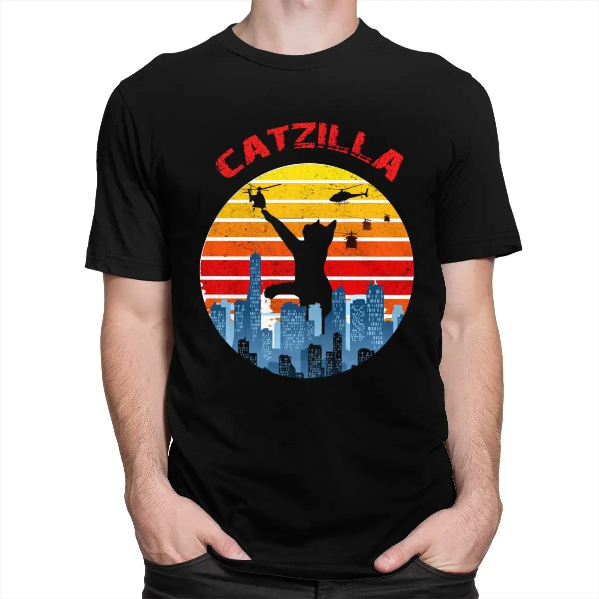 Забавная Винтажная Футболка Catzilla мужская летняя футболка с круглым воротником в