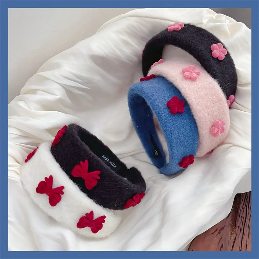 

1PC Plush Retro Width Hair Hoop Hit Color Flower Bow Wide-Brimmed Headband For Girl Hairband Sweet Hairhoop Headwear
