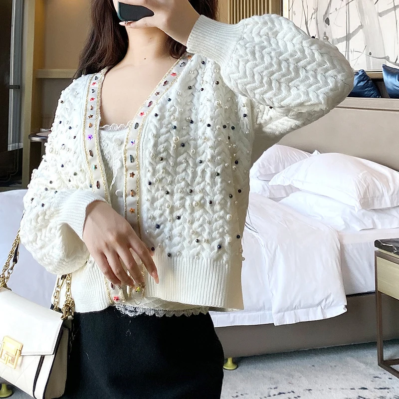 

2020 Autumn Women Knitted Cardigans Sweater V-Neck Women Colorful Preal Beading Sweater Femme Tricot Women Tops
