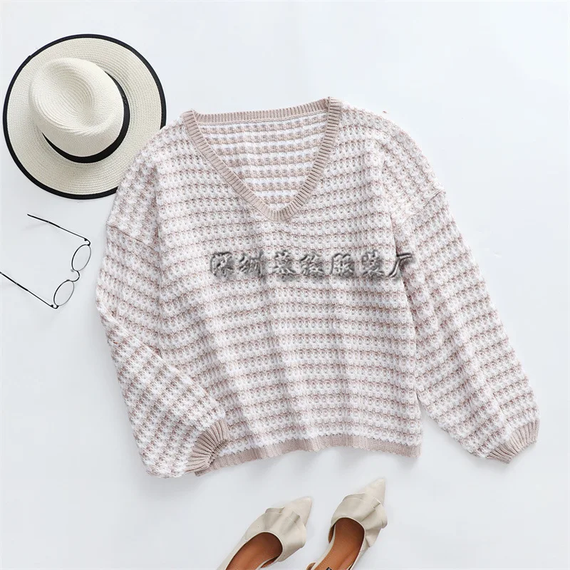 

Kalenmos Pullover Striped Women's Sweater Loose Lantern Sleeves Fashion All-match Korean Streetwear V-neck Sweaters Woman 2021