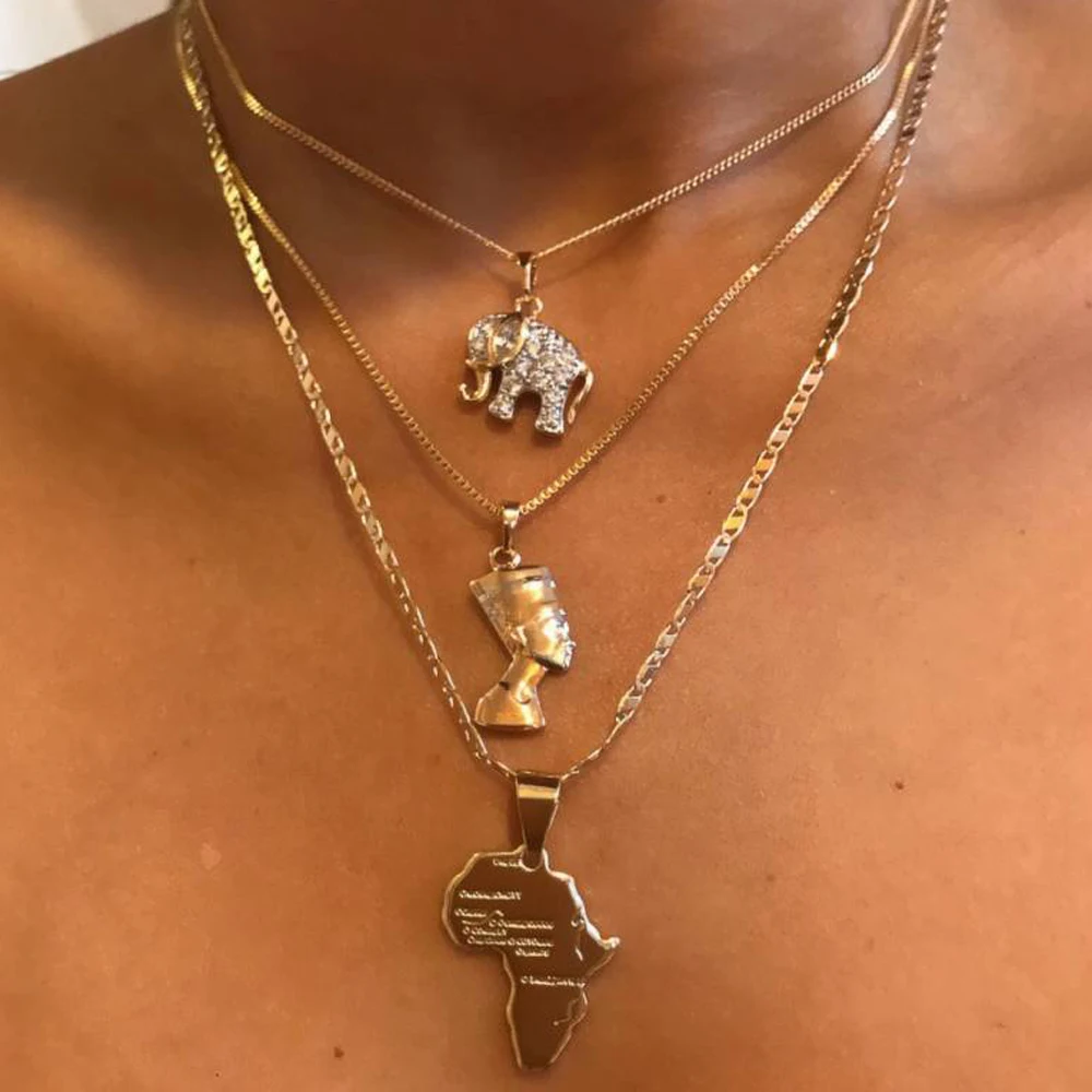 

Triple Layered Nefertiti Elephant African Map Necklace Delicate Gold Layering Chain Queen of Egypt Pendant for Women Mom Gifts
