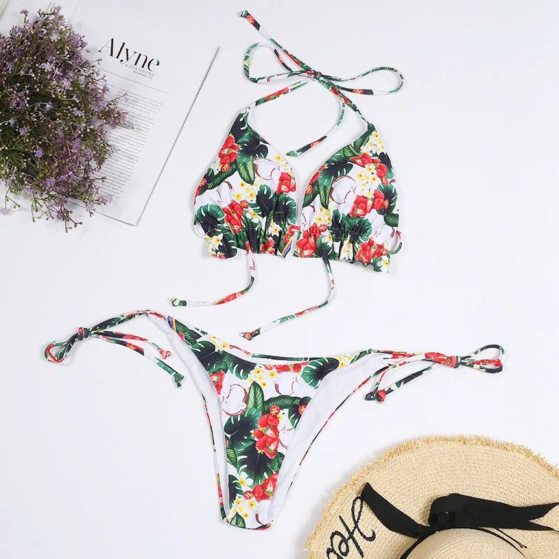 

MYTENG Print Brazilian Thong Bikini Set String Bandage Swimwear Women Ruffles Bathing Suit Biqiuni Backless Swim Suit Beachwear