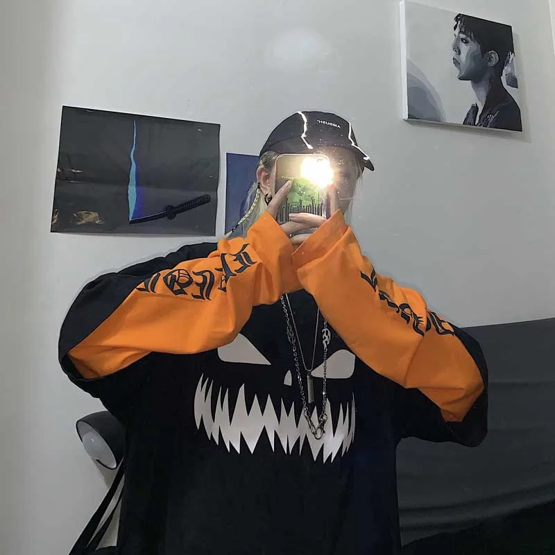 NiceMix Harajuku/футболка с принтом тыквы и буквами; Поддельные 2 штуки; Лоскутная Повседневная футболка с длинными рукавами; женская и Мужская Уличная одежда; топы