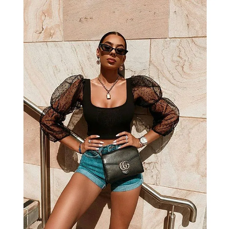 Сексуальный женский кружевной прозрачный сетчатый укороченный топ в горошек с