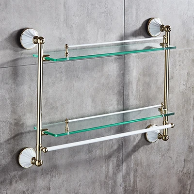 two tier glass shelf Набор аксессуаров для ванной комнаты, золотой и белый держатель для бумаги, вешалка для полотенец, мыльница, вешалка для полотенец, стеклянная полка, крючки, набор аксессуаров для ванной комнаты - Цвет: two tier glass shelf
