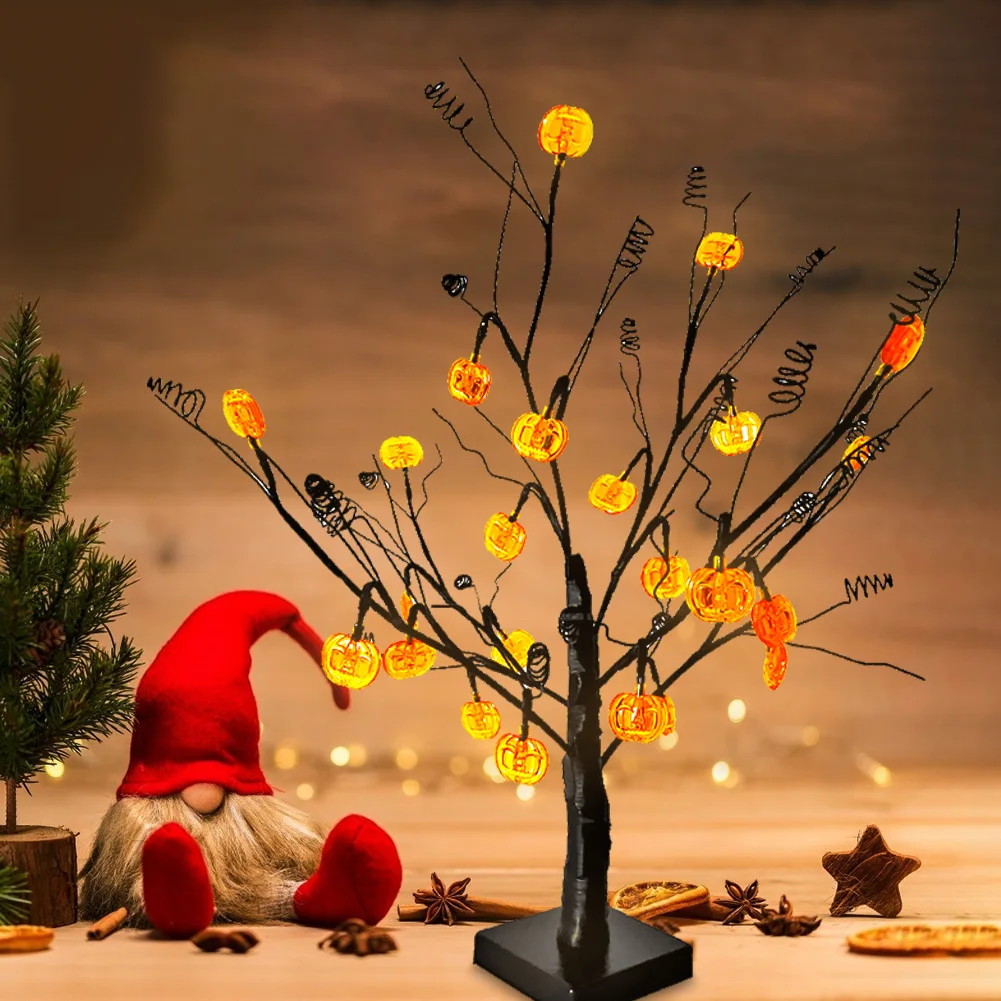

24 Head LED Tree Shaped Lights Battery Twig Decorative Pumpkin Lamp Table Simulation Tree Lights for Festival Halloween Decor