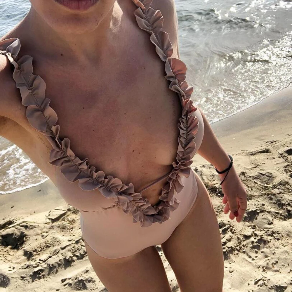 Сплошной цельный купальник для женщин пуш ап женский с оборками боди лямкой на