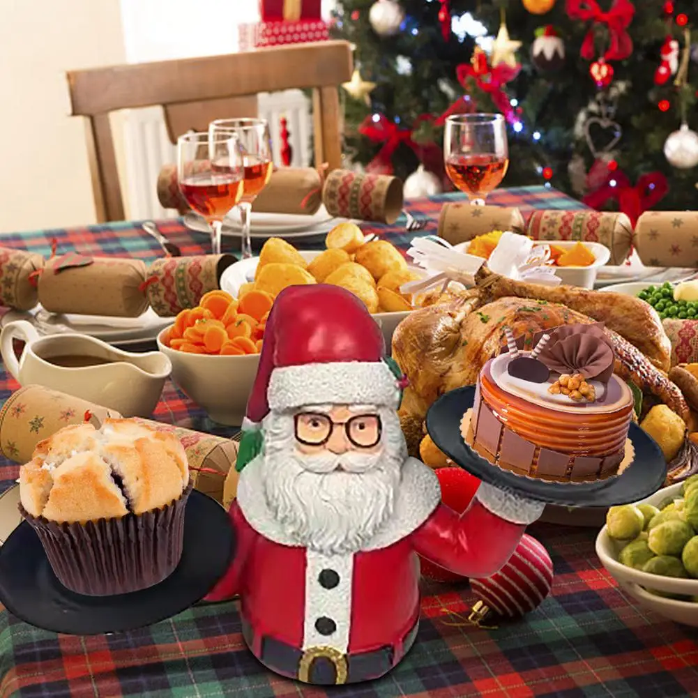 

Christmas Decoration Treats Holder Santa Claus Resin Statue Snacks Holder Snowman Figurine With 2 Plates Trays Fruit Candy