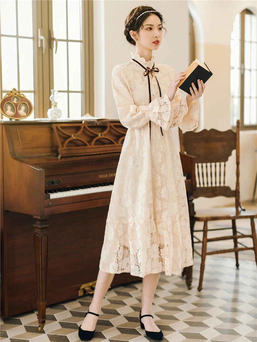 

Sweet Lace Women Midi Dress Vintage Mori Girl Beige Embroidery Floral Flare Sleeve Fairy Clothing For Elegant Slim Lady Vestidos