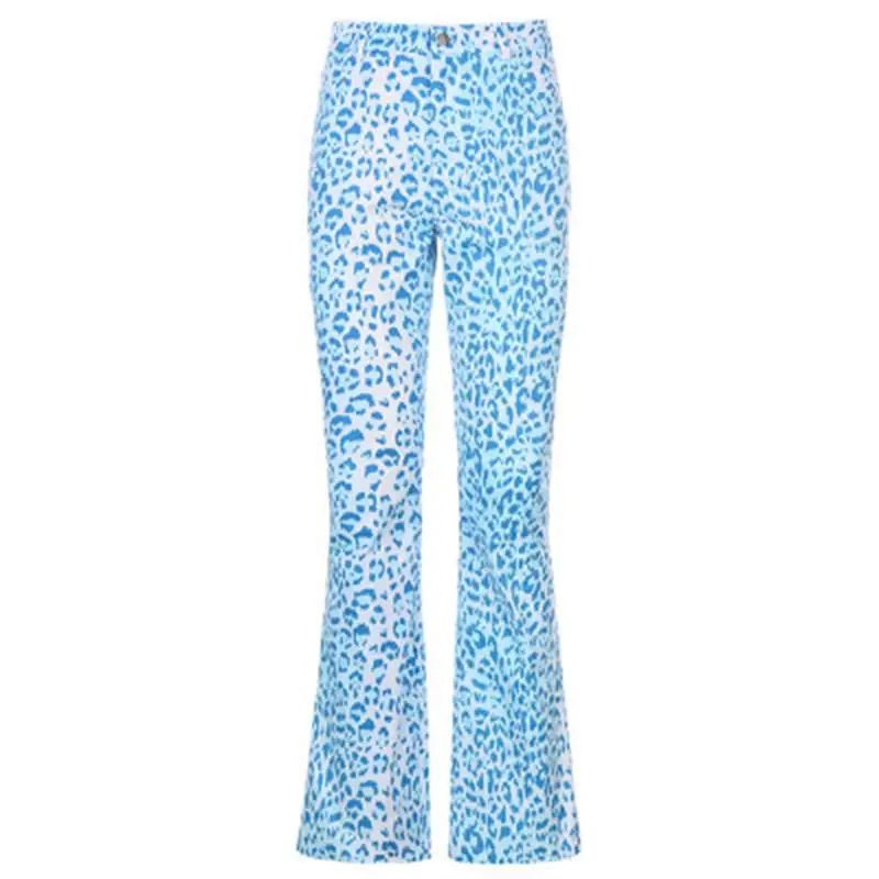

Shestyle Blue Leopard High Street Straight Pant Women High Waist Pockets Zipper Fly Sexy Annimal Printed Chi Fashion Trousers
