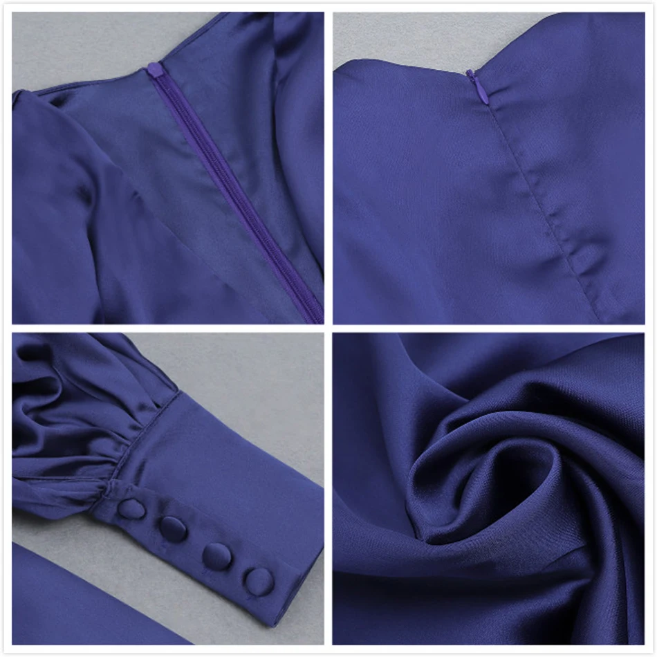 

Free Shipping 2021 New Women Blue Satin Long Dress Sexy V-neck Lantern Long Sleeve Split A-line Dress Club Runway Party Vestidos