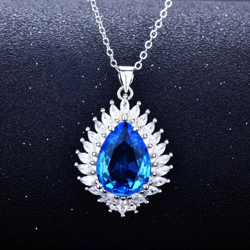 

Europe America Luxury Jewelry Water Drop Blue Cubic Zircon Flame Pendant Necklace For Women Wedding Engagement