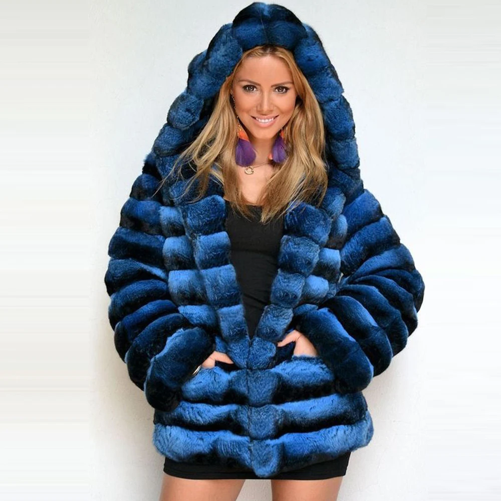 70cm Long Real Rex Rabbit Fur Coat with Hood Winter Warm Blue Chinchilla Color Genuine Rex Rabbit Fur Jacket Women Luxury Outfit enlarge