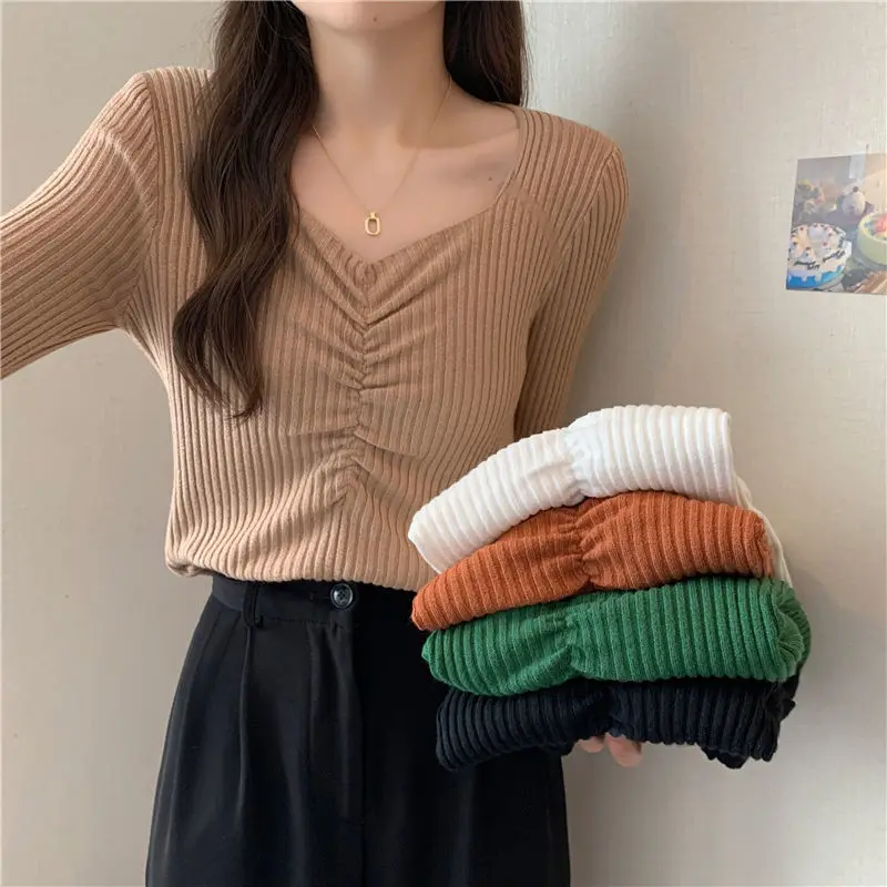 New Women V-neck Sweater Spring And Autumn Party Long-Sleeved Solid Color Casual Pleated Sexy Top Slim Bottoming Shirt Size S-L