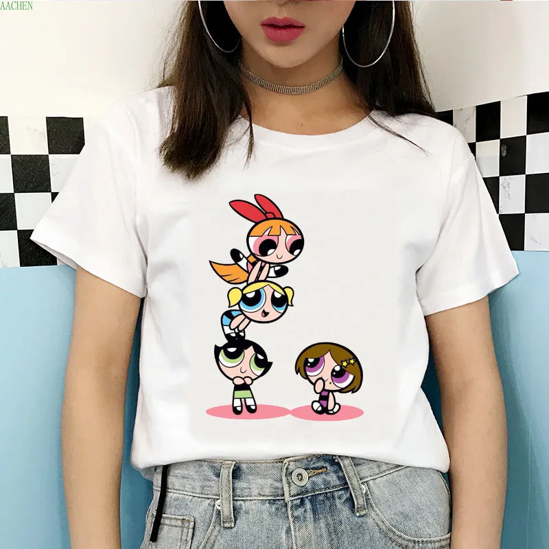 2020 новые летние Kawaii белые топы Powerpuff футболка для девочек Harajuku забавные