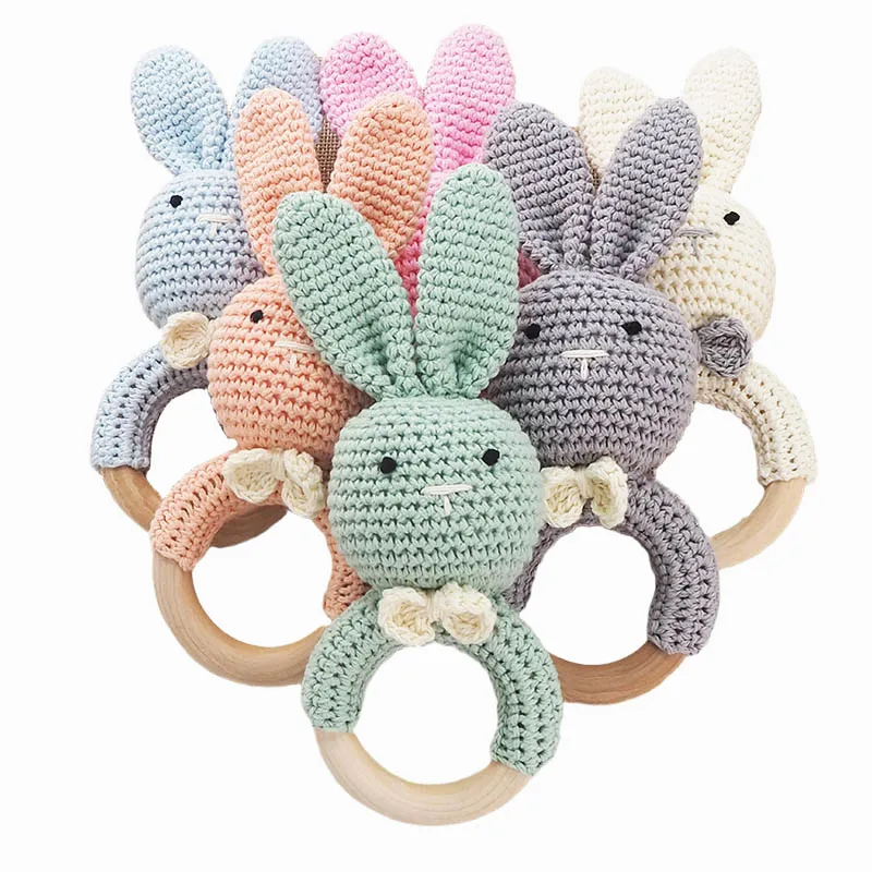 Chenkai 10PCS Corchet Rabbit Nature Wooden Baby Rattle Teether Ring DIY Handmade Nursing Teething Infant Pacifier Dummy GraspToy