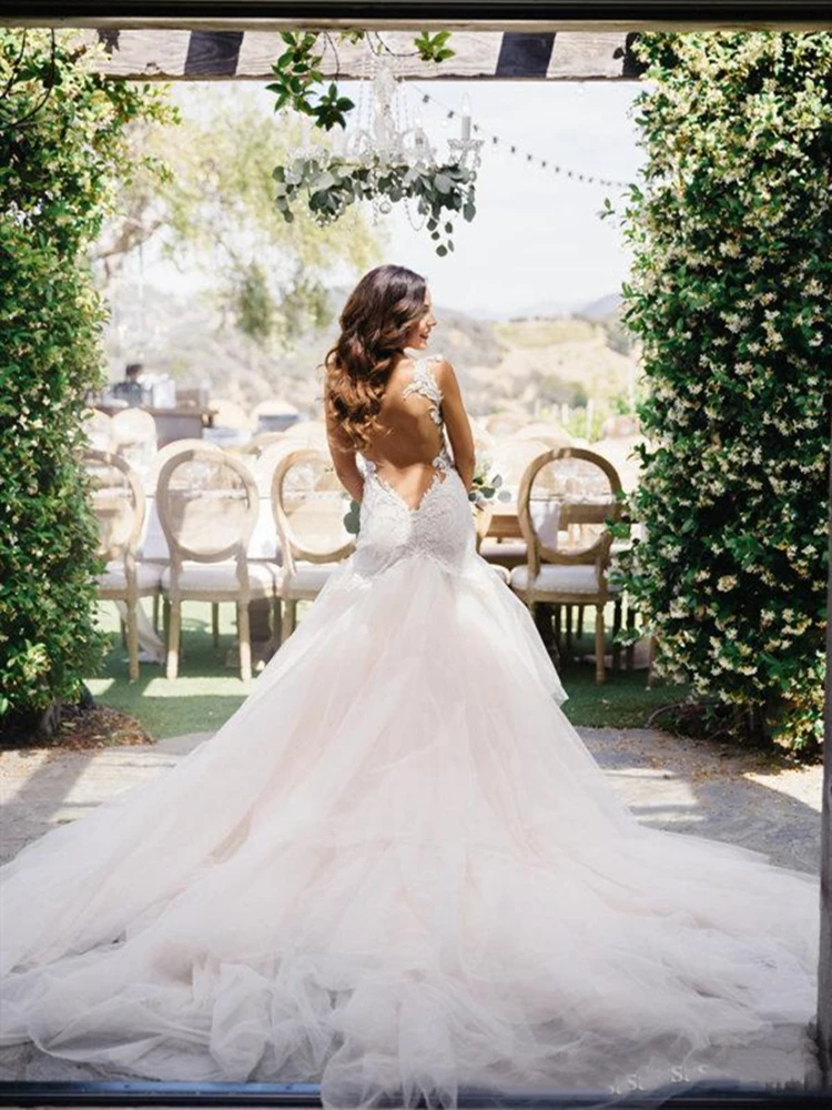 

Sexy Sheer Back Wedding Dress 2019 Mermaid Lace Long Chapel Trail Tulle vestido de noiva Bridal Gowns Cap Sleeve Sweetheart