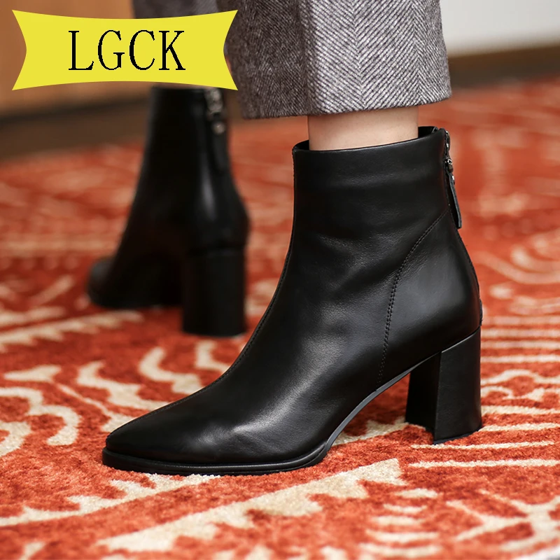 

Plus Size 34-43 Women Ankle Boots Genuine Leather Feet Length Boots for Women Pointed Toe Chelsea Boots High Heel Basic Boots