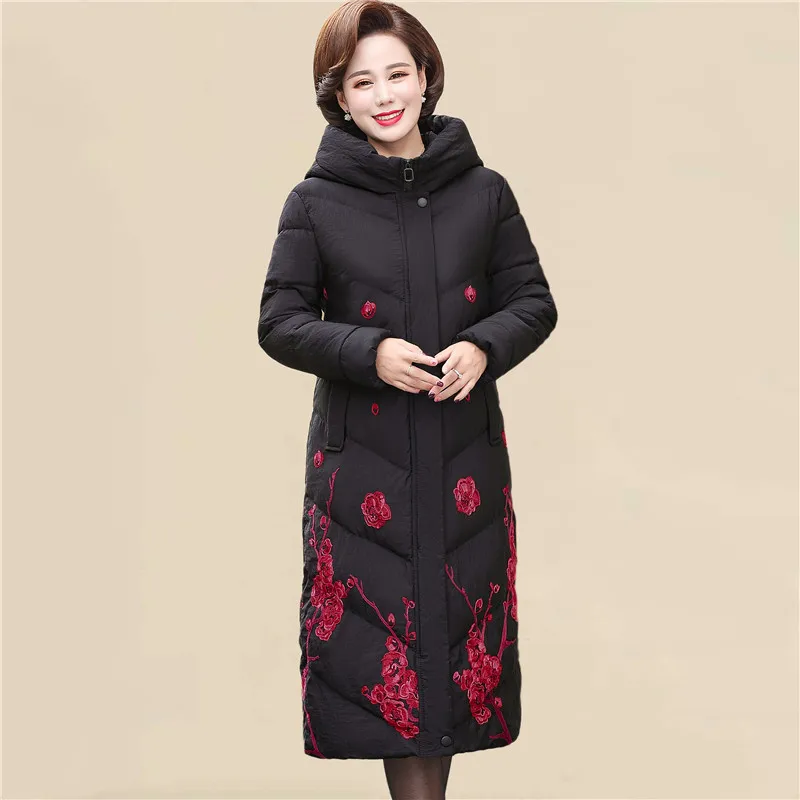 

Classic coat Down cotton clothing coats warm Women's winter jacket hooded Cotton coat embroidered Middle age clothing 4XL 5XL