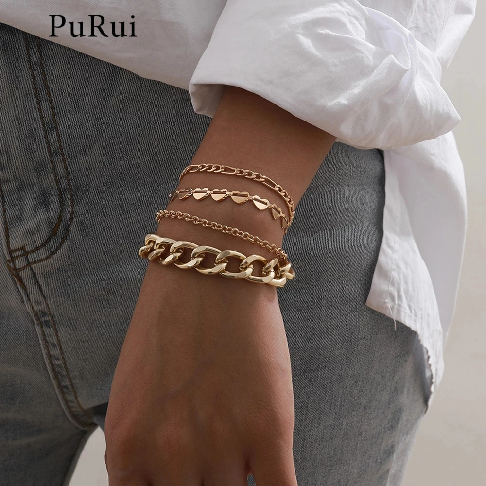 

4 Pcs/Set Vintage Gold Color Bracelets Set Cuban Link Chains Charm Bracelet for Women 2020 Fashion Jewelry Gift Bracelet Homme