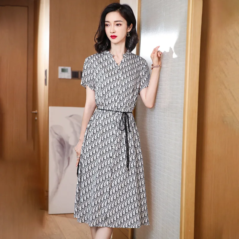 

Hangzhou Big Brand Heavy Silk Dress Summer New High-end Printing Mulberry Silk Waist Slim A-line Dress
