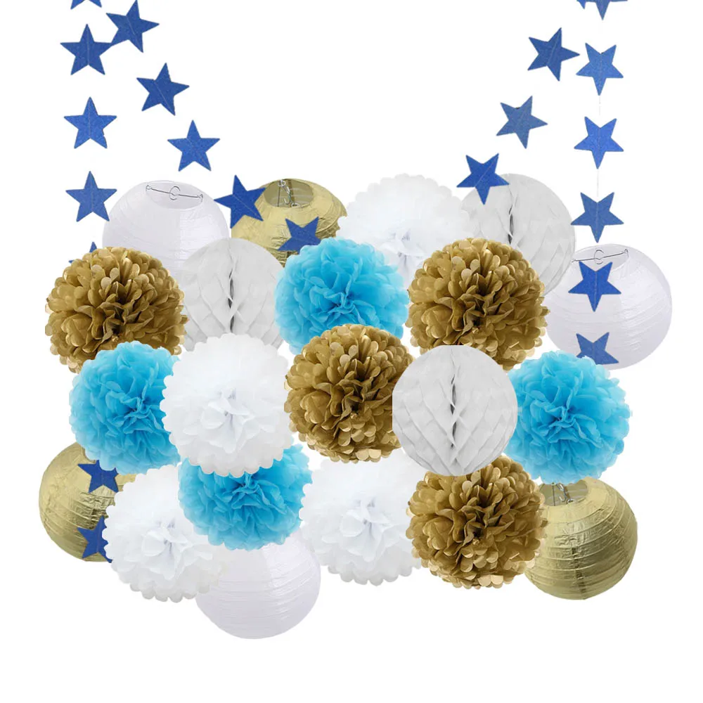 gold blue set-1 Горячая 22 шт./компл. золото/черный/белый подвесной круглый бумажный фонарь для выпускное мероприятие праздничное украшение свадебный Декор бумажные ремесла - Цвет: gold blue set-1