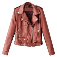 80 hot sales%ef%bc%81%ef%bc%81%ef%bc%81lady leather long sleeve lapel zipper button pocket motorcycle jacket short coat