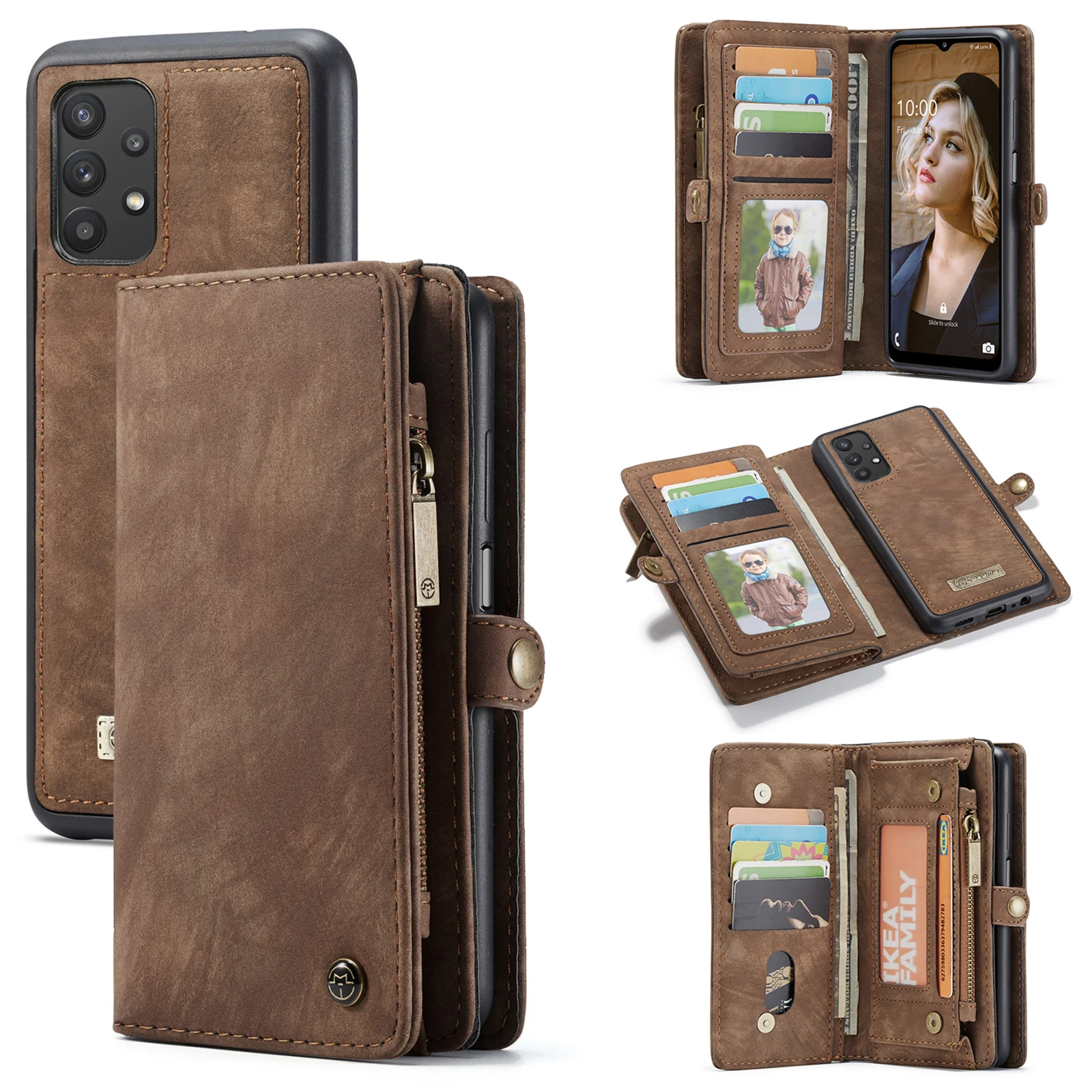 

Flip Wallet Case for Samsung Galaxy A32 5G Vintage Detachable Back Magnetic Closure 2 in 1 Zipper Purse Cover with Card Slots
