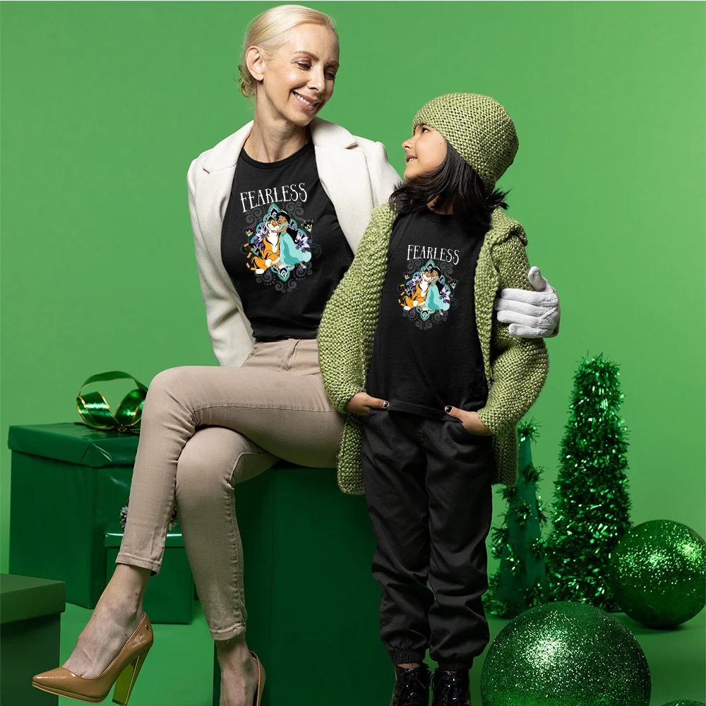 

Disney Princess Jasmine Pattern Mom and Daughter Matching T-shirt Fashion Black Cute Girl Short Sleeve Summer Woman Clothes
