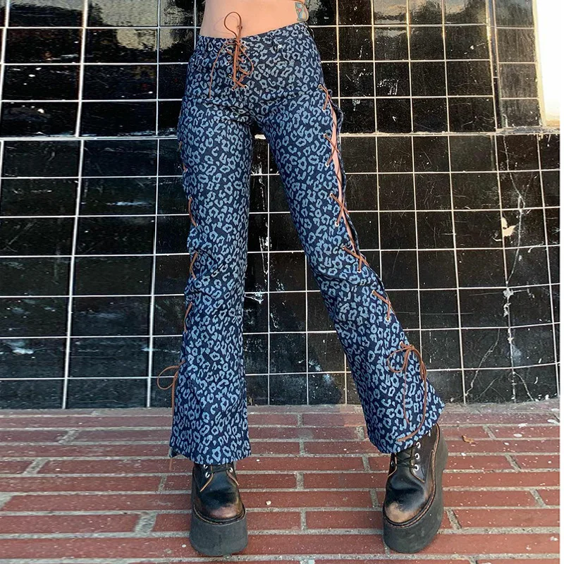 

Side Lace Up Low Rise Jeans Flared Pants Y2k Harajuku 90s Fashion Print Denim Trousers Women jeans 2022 New