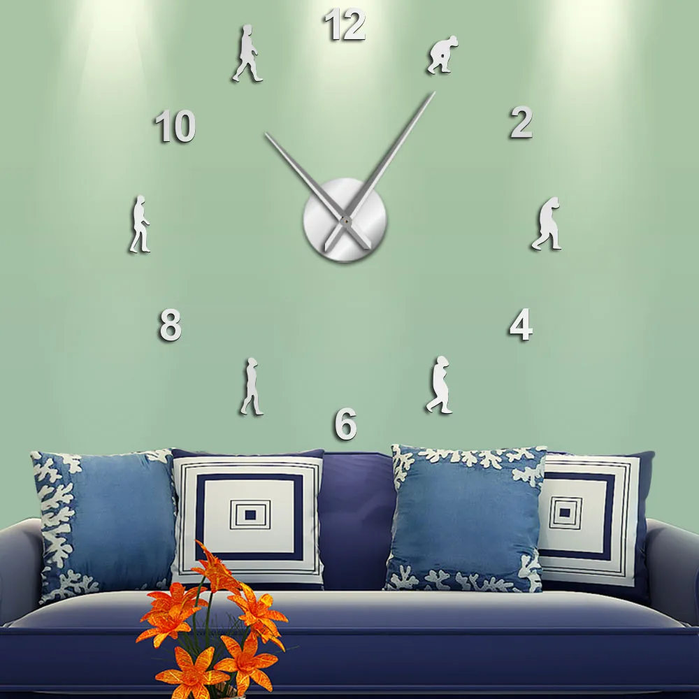 

Theory Of Human Evolution 3D DIY Wall Art Clock Simple Self Adhesive Acylic Mirrors Surface Big Needles Clock Watch