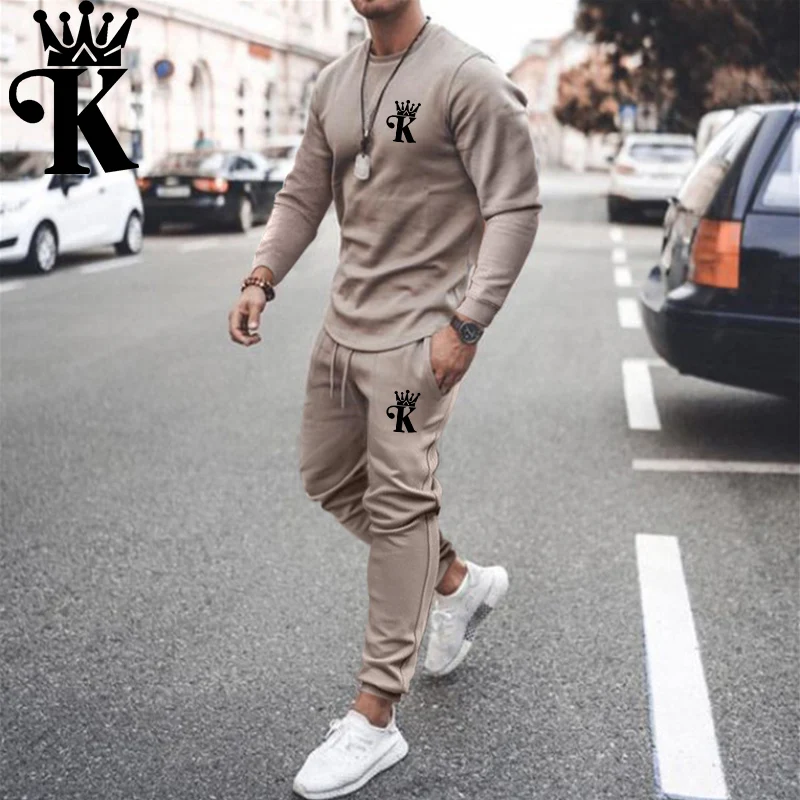 

Мужской костюм, осенний спортивный костюм для джентльменов, костюм с футболкой с круглым вырезом и длинным рукавом, однотонный пиджак + брюк...