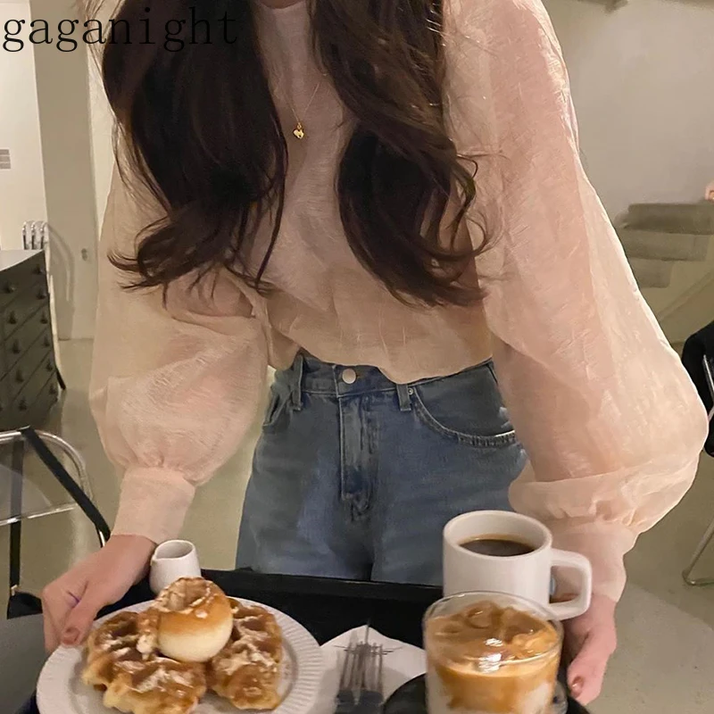 Gaganight элегантная женская блузка с длинным рукавом и круглым вырезом прозрачная