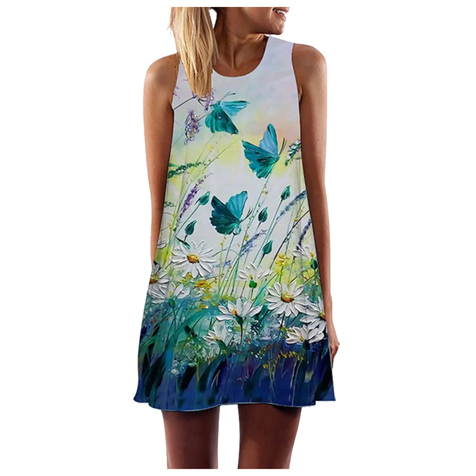 

40# Floral Print Summer Dress Women 3d Flower Tank Dress Sleeveless A-line Mini Dress Casual Vintage Dresses Vestido De Mujer