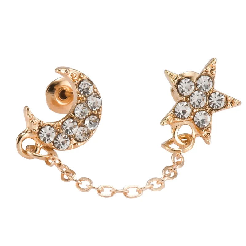 

2pcs Personality Vintage Two Piercing One Side Chain Crystal Rhinestone Moon Star Ear Cuff for Double Hole Earrings Jewelry NEW