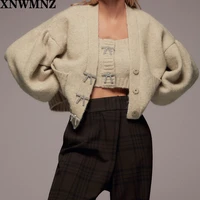 xnwmnz women vintage knit top with rhinestone buttons ribbed trims female straight cut neckline wide straps chic crop tops