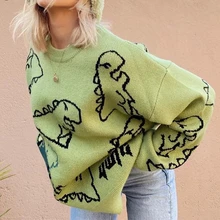 Camisola oversize feminino 2021 y2k outono inverno camisola casal dinossauro pullovers soltos 90s verde manga longa malha jumper