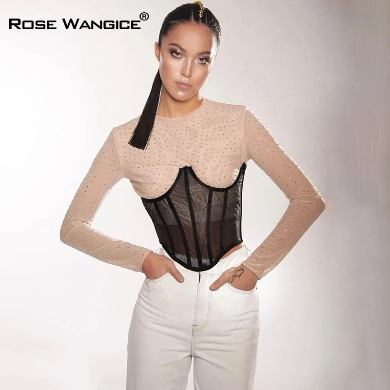 

Rose Wangice Mesh Sexy Breasted Corset Belt Ladies Sleeveless Fashion Luxury Harness Corset Club Party Sheer Cupped Cummerbunds