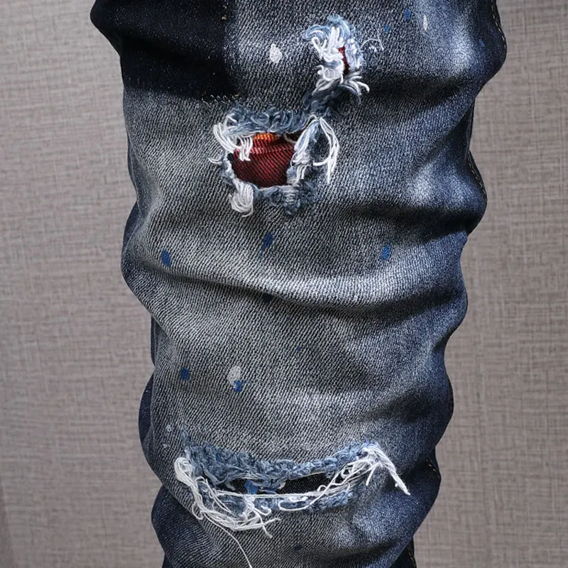 European Street Fashion Men Jeans Retro Blue Slim Fit Ripped Jeans Men England Style Patches Designer Hip Hop Denim Punk Pants