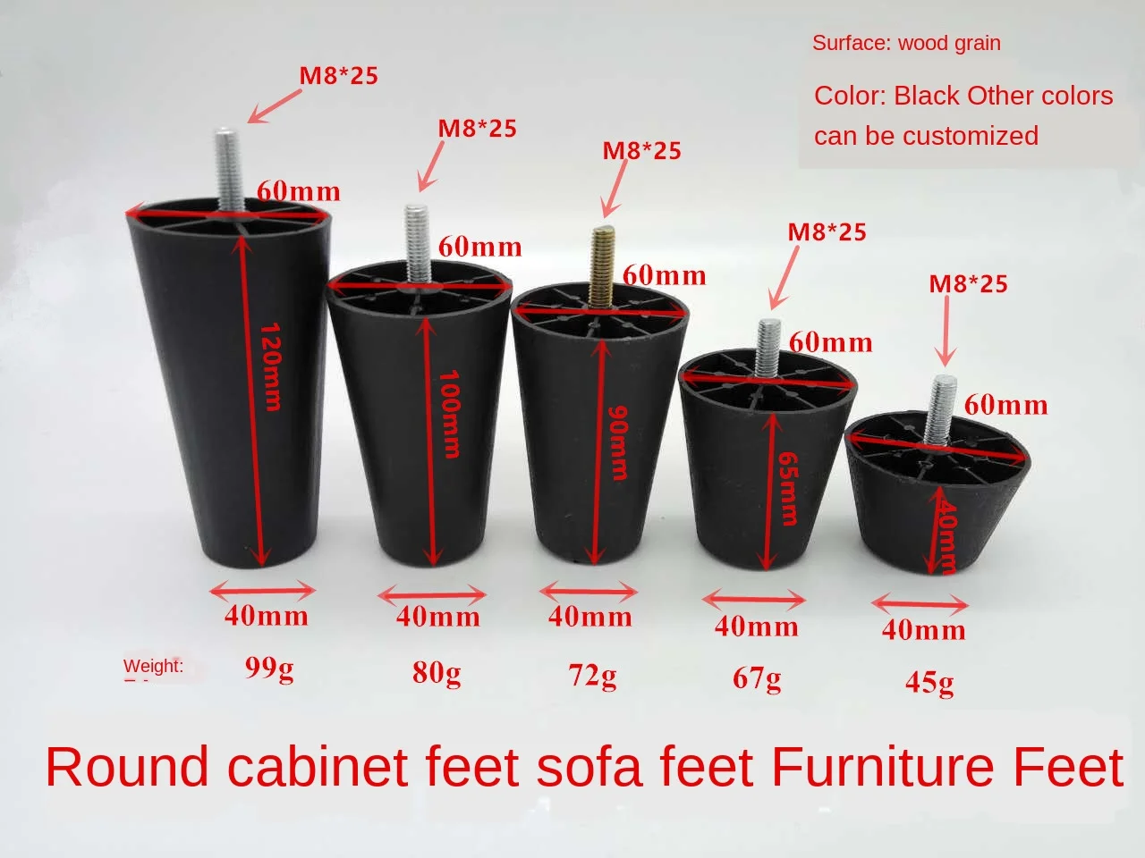 

4pcs Round Tapered Black Plastic Furniture Legs Feet with Mounting Plates M8*25 Thread Shank for Sofa and Chair 4 to12cm height