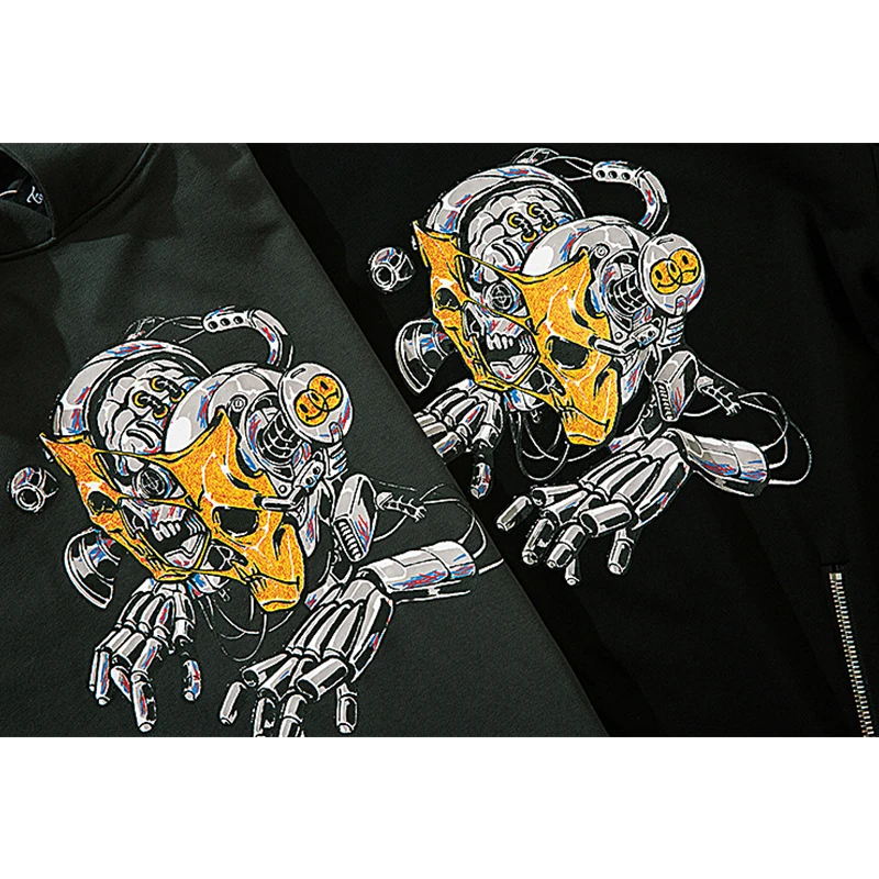 

Fashion Cool Skull Robot Print Zipper Ribbon Sweatshirts Hoodies Streetwear Men Hip Hop Harajuku Fashion Casual Pullover Tops