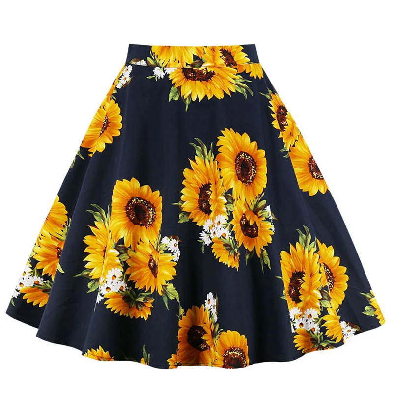 

Black Pleated Midi Skirt Runway Vintage Rockabilly Pinup 50s 60s Cotton Pleated Skirts Womens High Waist Floral Daily Skirts