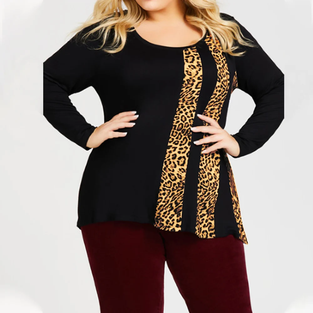 

Sale Women Leopard Print Stitching Casual Long Sleeved Top Plus size O-Neck Oversize T-shirt Fashion 2021 Фђболки веѬсайс D30